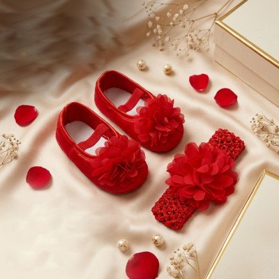 Red Blossom Newborn Baby Shoes & Headband Set
