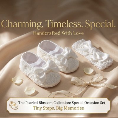 White Bow Newborn Baby Shoes & Headband Set