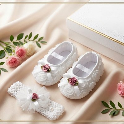 Rose White Newborn Baby Shoes & Headband Set