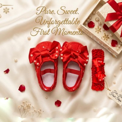 Pure Red Bow Newborn Baby Shoes & Headband Set