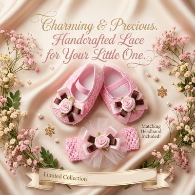 Pink Rose Newborn Baby Shoes & Headband Set