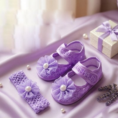 Pink Flower Newborn Baby Shoes & Headband Set