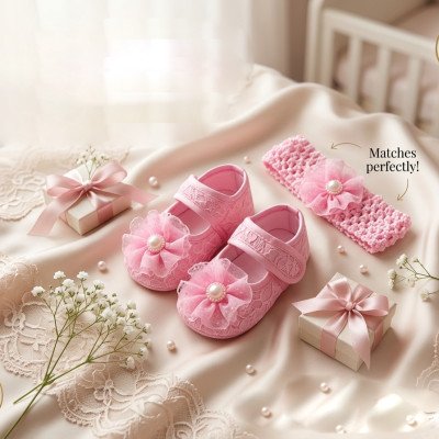 Pink Flower Newborn Baby Shoes & Headband Set