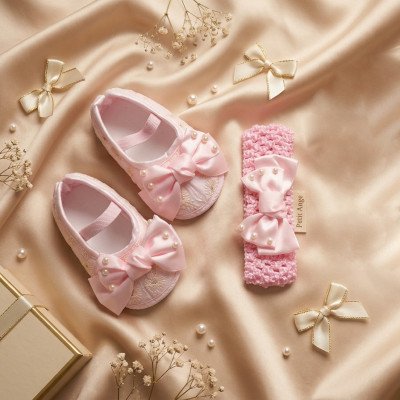 Pure Pink Bow Newborn Baby Shoes & Headband Set