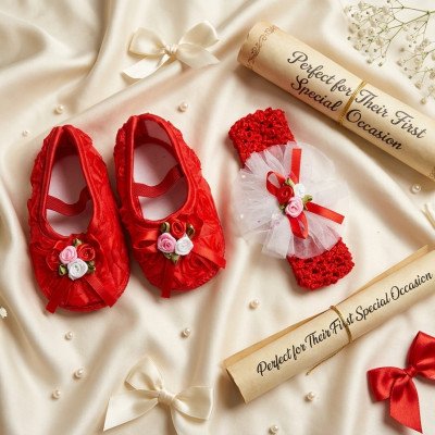 Red Rose Newborn Baby Shoes & Headband Set