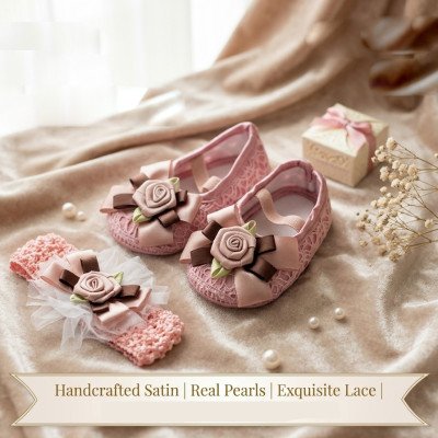 Big Rose Newborn Baby Shoes & Headband Set