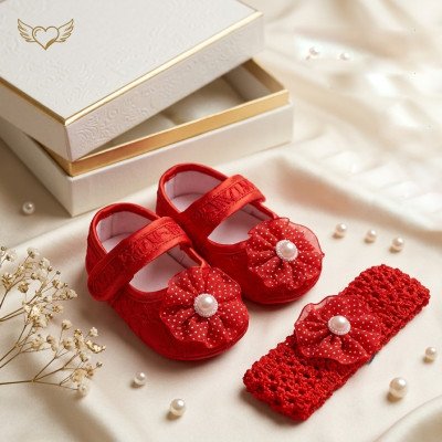Red Flower Newborn Baby Shoes & Headband Set