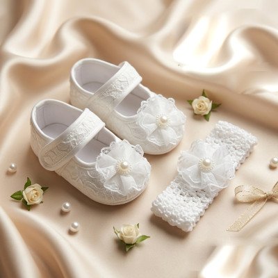 White Flower Newborn Baby Shoes & Headband Set